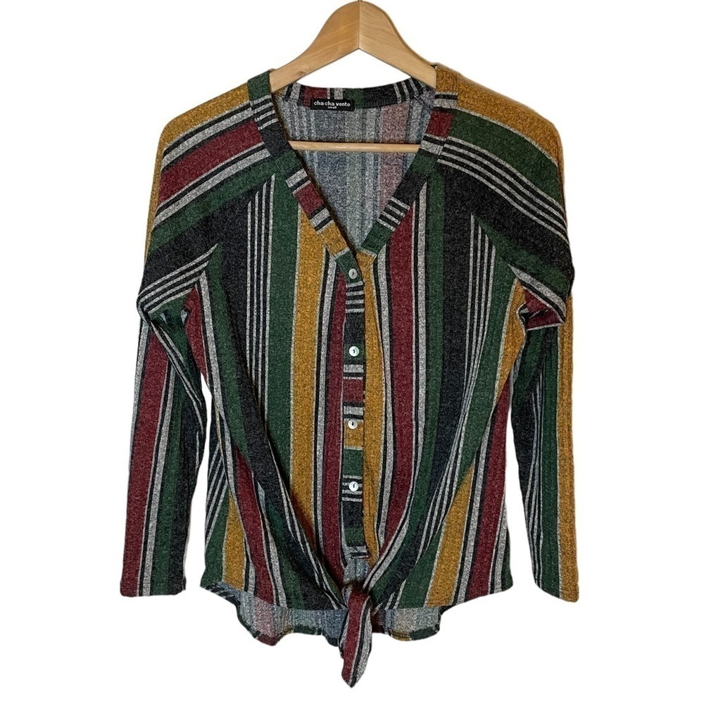 Cha cha Vente Women’s Long Sleeve Tie front Button Up Stripe Top Size S